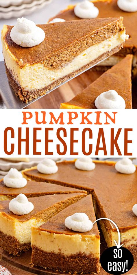 Can't decide pumpkin pie and cheesecake? This Pumpkin Pie Cheesecake is the best of both! Creamy cheesecake with swirls of pumpkin pie filling! Homemade Pumpkin Pie Cheesecake, Pumpkin Cheesecake Springform Pan, Philadelphia Pumpkin Cheesecake, Fall Cheesecake Recipes No Bake, Pies To Make, Small Pumpkin Cheesecake, Carmel Pumpkin Cheesecake, Easy Pumpkin Pie Cheesecake, No Bake Pumpkin Pie Cheesecake