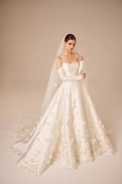 Wedding Dresses With Sleeves A Line, Wading Dress, Off Shoulder Wedding Gown, Nicole Felicia, Vintage Wedding Gown, Off Shoulder Ball Gown, Pearl Bride, Satin Bridal Gowns, Popular Wedding Dresses