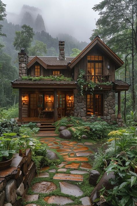 Dream House Forest Nature, Woodland House Interior, Small Cozy Home Exterior, Forest House Plans, Earthy House Exterior, House In Forest Cottages, Cute Cottage In The Woods, Cabin Home Exterior, Forest House Exterior