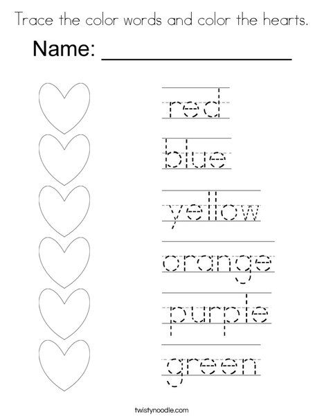 Trace the color words and color the hearts Coloring Page - Twisty Noodle Words Tracing Worksheet, 1st Grade Tracing Worksheets, Homeschool Kindergarten Worksheets, Color Tracing Worksheet, Word Tracing Printables Free, Kindergarten Worksheets Free Printables Coloring Pages, Alphabet Worksheets Preschool Writing Practice, Work Sheets For Preschoolers, Preschool Writing Printables