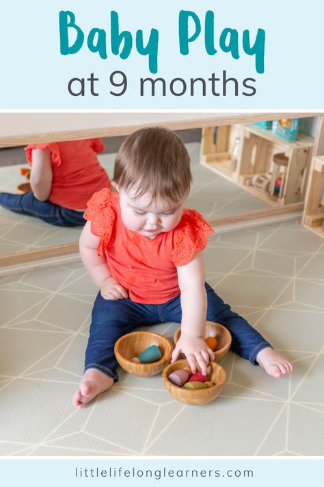 Baby play ideas at 9 months by Little Lifelong Learners. Nine month olds love to move, play, and explore. I'm sharing our favorite baby activities for 9 month olds and simple ways to support your baby's development through play. Featuring a silk pull game, story-themed sensory baskets, and outdoor play ideas, this blog post is full of inspiration for playing with your 9 month old baby! Activities For 5 Month Old, 9 Month Old Baby Activities, Baby Activity Table, Baby Play Ideas, Baby Play Areas, 5 Month Old Baby, 5 Month Old, Tummy Time Activities, Early Reading Skills