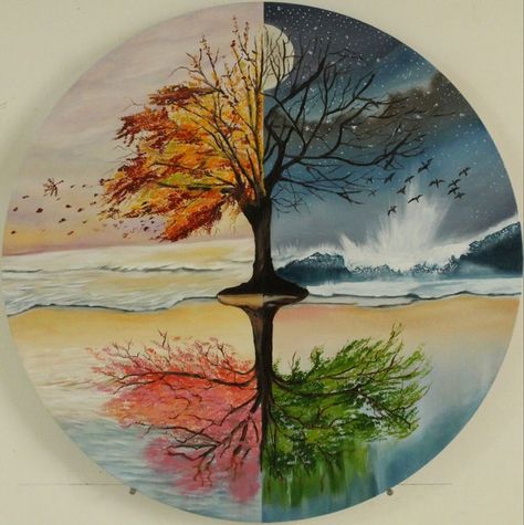 4 Seasons Landscape, Four Season Painting Ideas, Seasons Paintings On Canvas, The Four Seasons Art, Seasons Changing Art, 4 Seasons Tree Painting, Four Seasons Aesthetic, 4 Seasons Drawing, Four Seasons Drawing