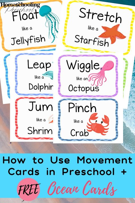 How to Use Movement Cards in Preschool - Homeschooling Preschool Ocean Theme Preschool Activities, Animal Habitats Preschool, Ocean Animals Preschool, Beach Theme Preschool, Ocean Activities Preschool, Ocean Lesson Plans, Preschool Homeschooling, Preschool Ocean, Yoga Activities