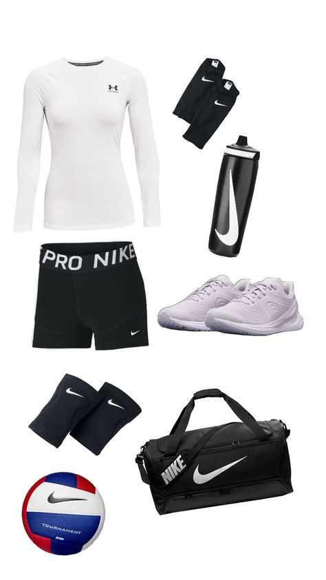 #volleyball #outfit #volleyballpractice #nike #underarmour #tournament Volleyball Outfit Ideas, Volleyball Tryouts Outfits, Volleyball Aesthetic Outfits, Volleyball Practice Outfits, Sports Bag Essentials, Volleyball Fits, Volleyball Tryouts, Sport Essentials, Volleyball Bag