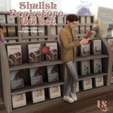 Lustrousims : The simlish bookstore set is finally heeereeee!!... Book Cc Sims 4, Sims 4 Bookstore Build, Sims 4 Books Cc, Sims 4 Retail Cc, Sims 4 Store Cc, Sims Lips, Muebles Sims 4 Cc, Sims 4 Clutter, Sims 4 House Building