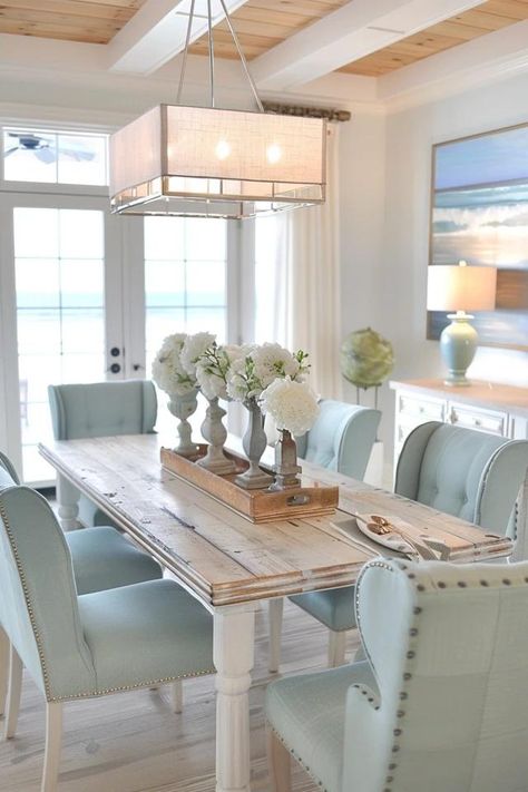 Coastal Dining Room Decor - Inspiration & Ideas Beach House Dining Room Table, Beach House Dining Tables, Aqua Dining Room Decor, Coastal Conference Room, Beach House Interior Dining Room, Beachy Kitchen Table, Beach House Dining Room Ideas, Beachy Dining Table, Light Blue Dining Room Ideas