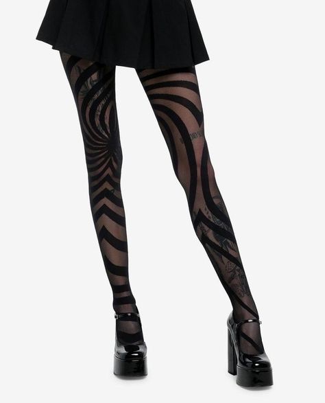 (99+) Image reblogged from @angryang3l – @angelvoids on Tumblr Black Metal Fashion Woman, Black Mesh Tights Outfit, Black Bow Tights, Whimsy Goth Clothes, Weird Tights, Spiral Tights, Corporate Sleaze, Pretty Tights, Goth Tights