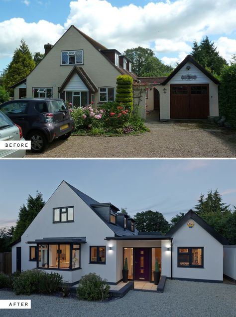 Adhoc extensions were re-planned and remodelled to transform a house in Lingfield, Surrey, UK. Renovation before and after photos. Uk Renovation, Renovation Facade, Bungalow Extensions, Modern Bungalow Exterior, Exterior House Renovation, House Extension Plans, Property Renovation, Exterior House Remodel, House Makeovers