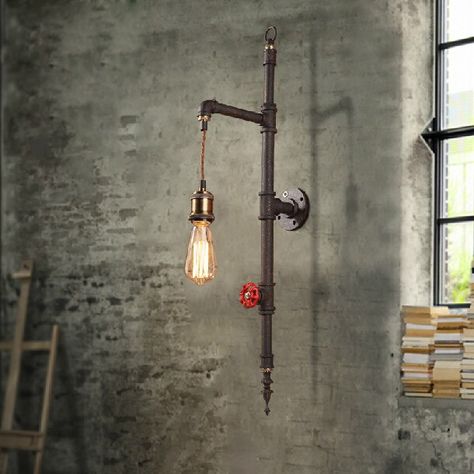 Industrial Styled Pipe 1-Light Hanging Exposed Bulb Wall Light in Rust - Lighting Industrial Pipe Decor, Pipe Wall Lamp, Master Bath Lighting, Industrial Wall Lamp, Pipe Decor, Wall Lamp Design, Pipe Lighting, Vintage Industrial Decor, Vintage Wall Lights