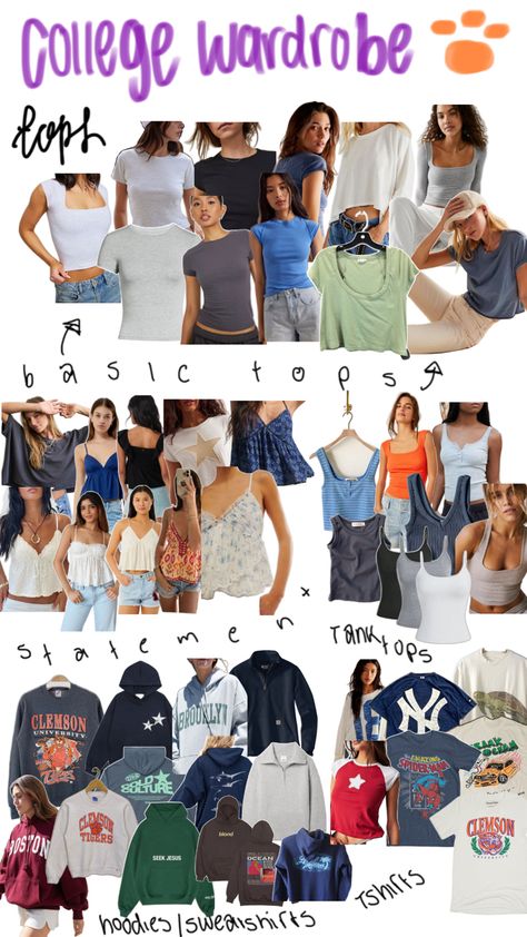 #tops #graphictees #basics #collage #college #pin #inspo College Orientation Outfit, College Wardrobe Essentials, College Orientation, Orientation Outfit, College Wardrobe, College Wear, College List, Outfit Collage, College Style