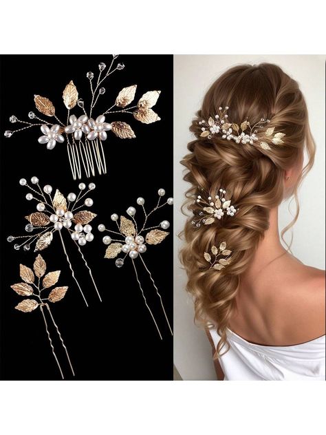 Multicolor Basics Collar  Zinc Alloy  Hair Accessory Sets Embellished   Women Accessories Pearl Hair Comb, Flower Hairpin, Pearl Hair Combs, Bridal Headwear, Women Hair Accessories, Indian Bridal Jewelry Sets, Bridal Wedding Hair, Hair Accessories Set, Bridal Jewellery Indian