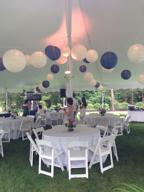 Tented blue and white graduation party Paper Lanterns In Tent, Dance Graduation Party, Black And White Graduation Party Ideas, Light Blue And White Graduation Party Ideas, Grad Party Blue And White, Graduation Party Blue And White, Graduation Party Ideas Blue And White, Blue And Black Graduation Party, Green And White Graduation Party Ideas