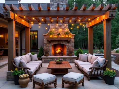 Transform your outdoor space into a cozy retreat with this rustic patio design! Enjoy evenings by the large stone fireplace, surrounded by comfortable seating and a stunning wooden pergola.✨ The plush cushions in neutral tones, potted plants, and twinkling string lights create the perfect atmosphere for memorable gatherings. 🌿 Outdoor Pergola With Fireplace, Large Stone Fireplace, Twinkling String Lights, Luxurious Penthouse, Deck Fireplace, Rustic Fireplace, Outdoor Fireplace Designs, Rustic Patio, Grandfather Mountain