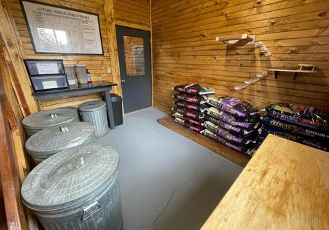 Horse Area Ideas, Feed Shed Organization, Feed Room Organization Horse, Feed Rooms For Horses, Horse Grooming Stall, Horse Farm Ideas Stables, Goat Habitat Ideas, Horse Feed Room Organization, Tack And Feed Room Ideas