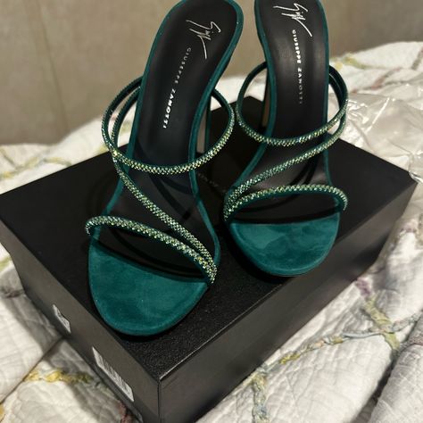 Deep Teal Green Suede And Crystal Heels, Leather Upper And Sole.. Comes With Box And 1 Dust Bag.. Brand New Never Worn Size 8.5 Prom Dresses In Green, Hunter Green Heels, Emerald Green High Heels, Prom Shoes Green, Green Heels Aesthetic, Kylie Jenner Heels, Green Formal Shoes, Dark Green Heels, Green Bridal Shoes