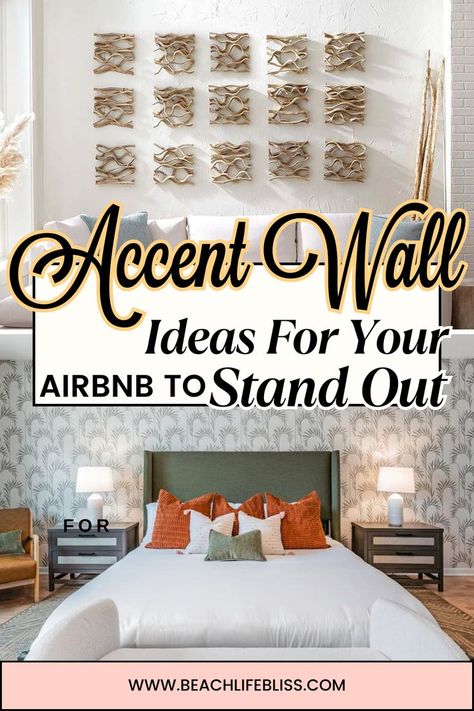 What are some creative ways to make your Airbnb listing stand out? An accent wall (or two) in the living room, bedrooms, or bathrooms will definitely catch potential guests eye when they’re scrolling looking for a place to stay! #Superhost #Airbnb #MakeMoney Airbnb Accent Wall, Airbnb Neon Sign Ideas, Airbnb Feature Wall, Air Bnb Bedroom Ideas Decor, Airbnb Room Ideas Guest Bedrooms, Airbnb Decor Room Ideas Living Room, Air Bnb Ideas Decor Living Room, Airbnb Design Ideas, Air Bnb Ideas Decor