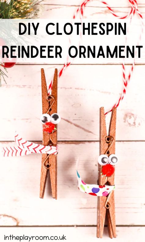 Christmas Wooden Clothespin Reindeer Ornament Clothespin Reindeer, Clothes Pin Ornaments, Clothespin Crafts Christmas, Christmas Clothespins, Reindeer Craft, Reindeer Ornament, Wooden Clothespins, Holiday Crafts For Kids, Holiday Ribbon