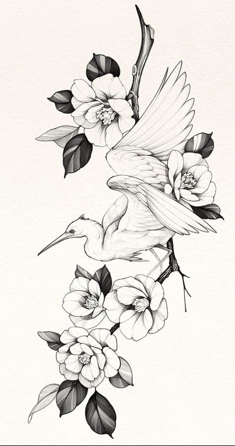 Simple Flowers Tattoo Design, Tattoo Design Drawings Japanese, Bird In Flowers Tattoo, Japanese Animal Tattoo Design, Japanese Flowers Tattoos, Birds With Flowers Tattoo, Japanese Fineline Tattoo, Animal Floral Tattoo, Birds Flowers Tattoo