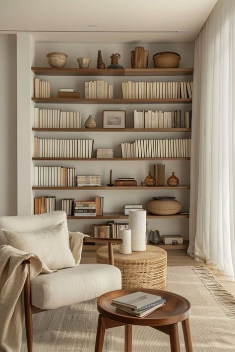 Organized Interior Design, Home Ideas Minimalist, Cute Shelves For Living Room, Quiet Living Room, Innovative Interior Design Ideas, Minimalism Home Design, Minimalistic Wall Design, Living Room Display Ideas, Living Room Ideas Minimal