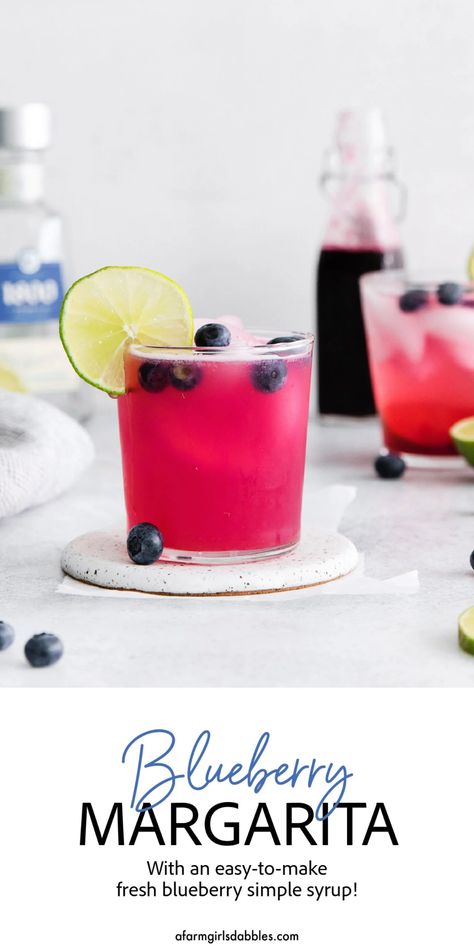 This Blueberry Margarita is the perfect colorful, fruity cocktail for summer. With an easy-to-make fresh blueberry simple syrup, this gorgeous riff on the classic margarita is what summer's all about! Margarita Simple Syrup, Blueberry Liquor, Blueberry Margarita, Blueberry Simple Syrup, Easy Cocktail Recipe, Blueberry Cocktail, Simple Syrup Cocktails, Homemade Margaritas, Fruity Cocktail