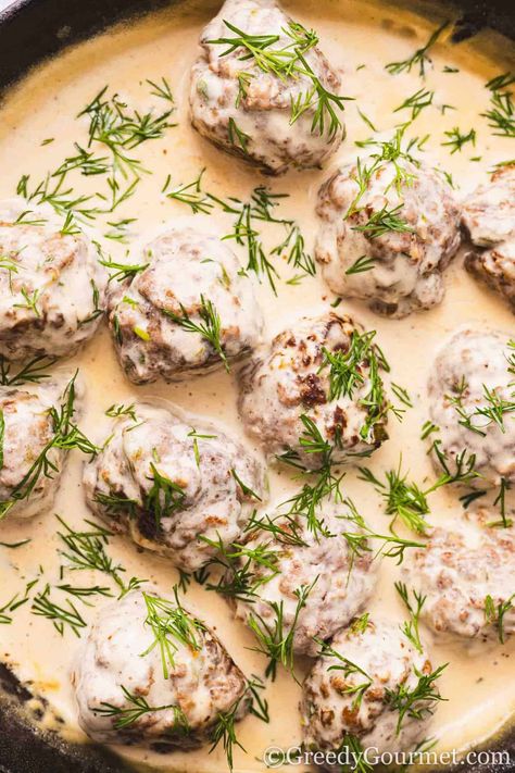 Lamb Meatballs With A Creamy Dill Sauce | Greedy Gourmet Moroccan Lamb Meatballs, Creamy White Wine Sauce, Creamy Dill Sauce, Lamb Meatballs, Buttered Noodles, Dill Sauce, White Wine Sauce, Ground Lamb, Drying Dill