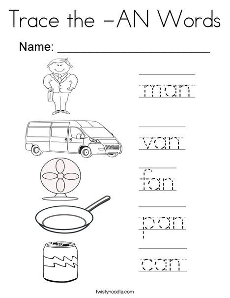 Trace the -AN Words Coloring Page - Twisty Noodle An Words, Kindergarten Word Families, Words Worksheet, Phonics Worksheets Free, Cvc Words Worksheets, Kindergarten Phonics Worksheets, Word Family Worksheets, Preschool Workbooks, Twisty Noodle