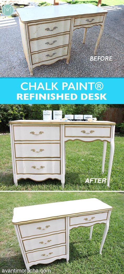 French Provincial Office, White Desk Restoration, Desks Painted With Chalk Paint, French Provincial Desk Makeover, Painted French Provincial Desk, Restored French Provincial Dresser, French Provincial Vanity, French Provincial Desk, Refinished Desk