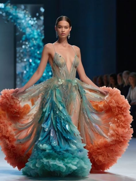 Seaweed Dress, Ocean Fashion Design, Sea Inspired Fashion, Seashell Dress, Iridescent Fashion, Celebrity Brides, Coral Ocean, Ocean Dress, Poofy Dress