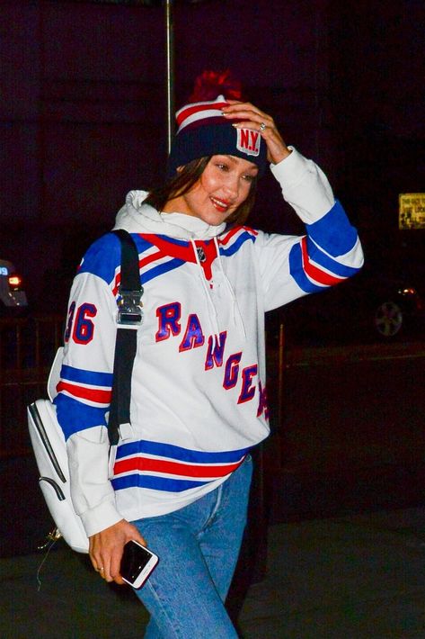 New York Rangers Outfit, Bella Hadid News, Rangers Game, New York Rangers, Little Mix, Bella Hadid, Hockey, Varsity Jacket, York City