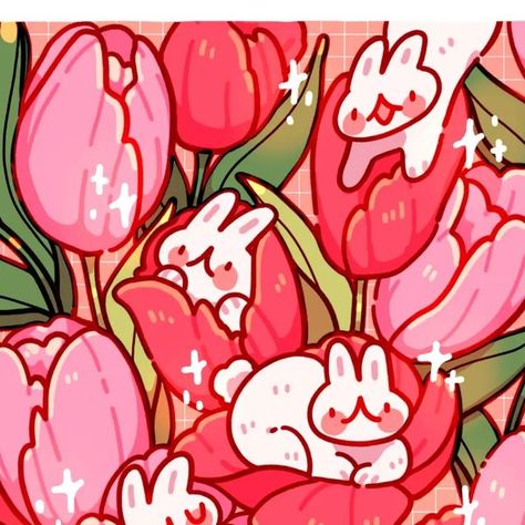 Bunny With Tulips, Tulip Illustration, Forestcore Aesthetic, Aesthetic Valentines, Tulip Drawing, Cozy Cottagecore, Forest Core, Ig Highlights, Screen Art