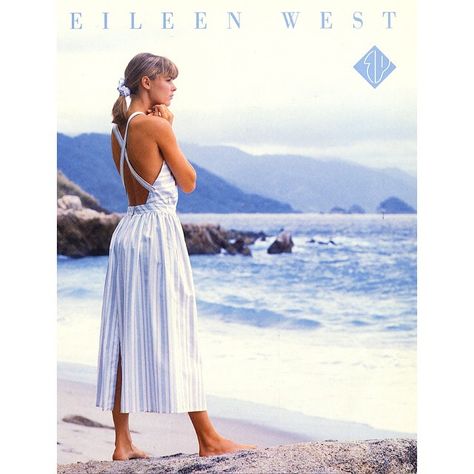 Another from the #eileenwest archive: a backless Oxford stripe dress, photographed in #PuertoVallarta. Scrunchie aside, we think this look is pretty timeless! #romanticfashion #romanticstyle #vintage #beach 90s Fashion For Women, American Vogue, Vintage Sundress, Fashion 1980s, 90s Fashion Women, Eileen West, 80s And 90s Fashion, 1980s Fashion, 80s Dress