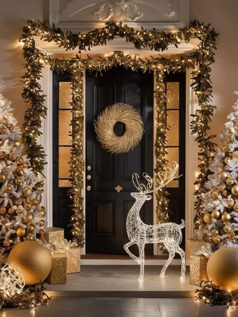 Gold Christmas Porch Decor, Christmas Front Porch Double Doors, Gold Outdoor Christmas Decor, Luxury Home Christmas Decor, Diy Oversized Christmas Ornaments, Christmas Front Door Ideas, Christmas Front Porch Decorating Ideas, Oversized Ornaments, Luxury Christmas Decor