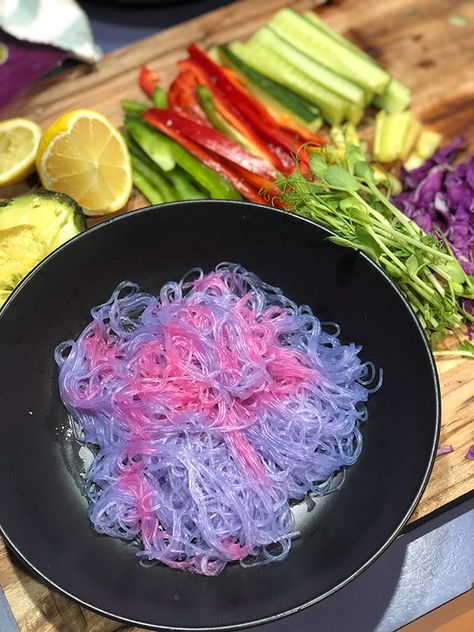 Kid-Friendly Recipe: Unicorn Noodles (with natural colouring) - thisNZlife Unicorn Noodles, Kid Foods, Princess Stuff, Kids In The Kitchen, Salad Rolls, Kids Lunches, Vermicelli Noodles, Purple Cabbage, Bento Recipes