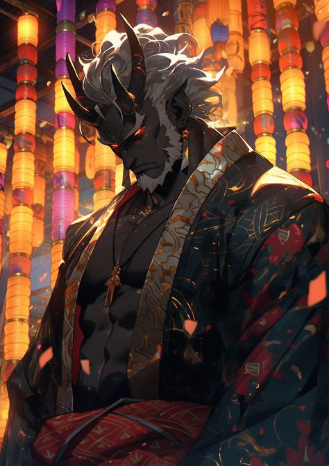 Blacksmith Art Character, Anime Oni Art, Male Oni Character Art, Oni Fantasy Art, Oni Concept Art, Black Tiefling Male, Tiefling Male Character Concept, Oni Character Art, Oc Inventory