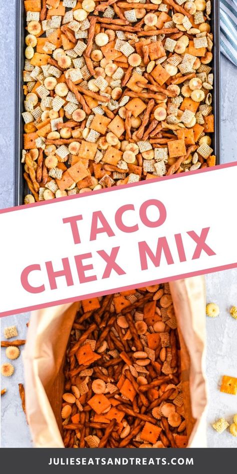 Love a salty snack mix recipe? Put a kick in your Chex Mix by seasoning it with taco seasoning. This Taco Chex Mix recipe is the perfect salty snack to keep the munchies away. It's great for parties, after school snacks, lunches and more! #chexmix #recipe Chex Mix With Taco Seasoning, Taco Snack Mix Recipes, Mexican Chex Mix Recipes, Spicy Snack Mix Homemade, Tex Mex Chex Mix Recipes, Salty Treats Parties Snacks, Cheap Snack Mix Recipes, Best Salty Snacks, Make Your Own Snack Mix Bar