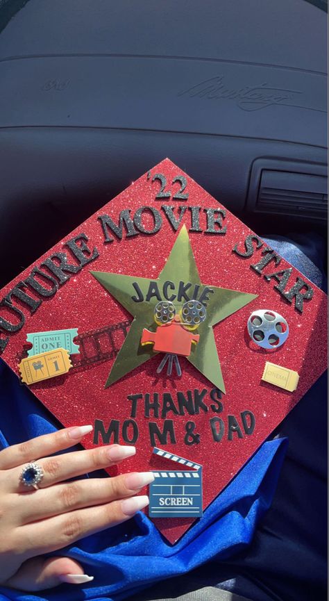 Film,graduation cap ideas, actor Graduation Cap Designs Acting, Actor Graduation Cap, Graduate Hat Ideas, Acting Graduation Cap, Film Major Graduation Cap, Tvd Graduation Cap Ideas, Graduation Cap Designs Film, Film Grad Cap, Film Graduation Cap