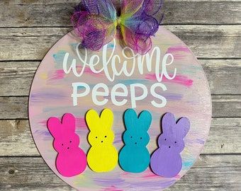 Purple Door Hanger, Peeps Door Hanger, Peep Door Hanger, Diy Dollar Store Easter Crafts, Diy Peeps Decor, Easter Peeps Crafts, Easter Paintings For Kids, Every Bunny Welcome Sign, Easter Peeps Decorations