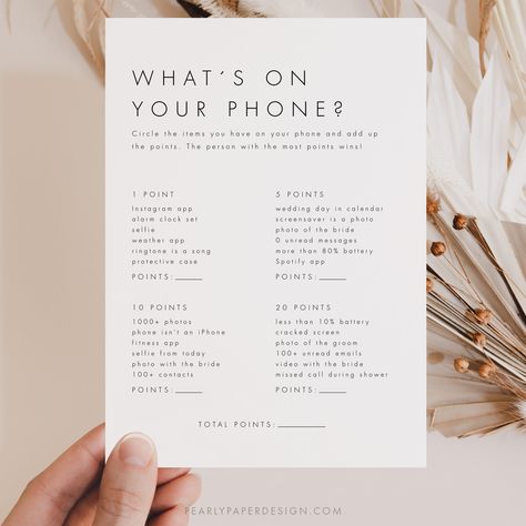 Whats On Your Phone Bridal Shower Game, Baby Shower Game What’s On Your Phone, Bridal Shower Brunch Games, Virtual Bridal Shower Games, Fall Bridal Shower Games, Simple Bridal Shower Games, Bridal Shower Agenda, Easy Bridal Shower Games, Whats On Your Phone Game