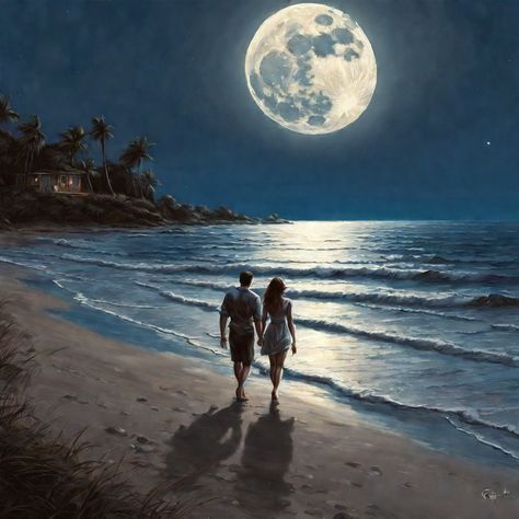 Sweet couple graphic artwalking by the seashore under full moon. Couple Under The Moon, Couple Graphic, The Man In The Moon, Beach At Night, Happy Couple Quotes, Bob Seger, Moon Drawing, Universal Language, Under The Moon