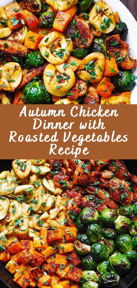 Autumn Chicken Dinner with Roasted Vegetables Recipe Roasted Meat And Vegetables, Fall Dinner Vegetables, Chicken And Roast Vegetables, Roasted One Pan Meals, Autumn Chicken Dinner With Roasted Vegetables, Fall Roasted Chicken And Vegetables, Fall Chicken Recipes Healthy, Fall Dinner Meals Family, Healthy Dinner Recipes With Carrots