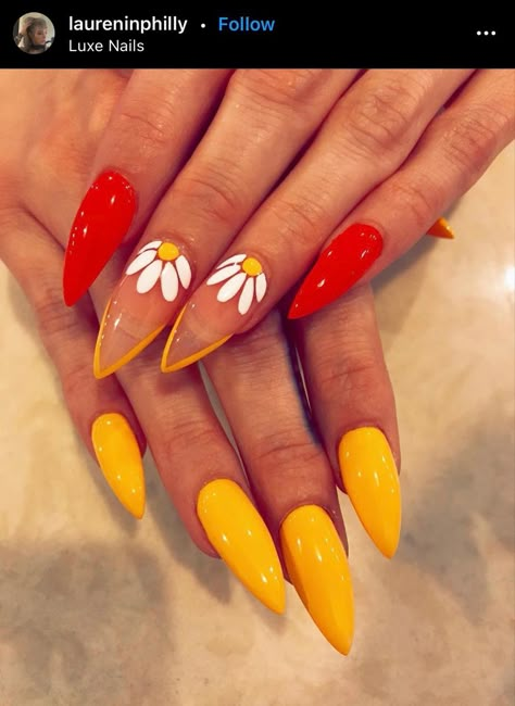 Groovy Retro Nails, 70s Nails Retro Almond, 70s Floral Nails, 70s Retro Nail Art, 70’s Nail Designs, 70s Vibe Nails, Yellow Orange Nails Design, Red Orange And Yellow Nails, Groovy Nails Art Designs