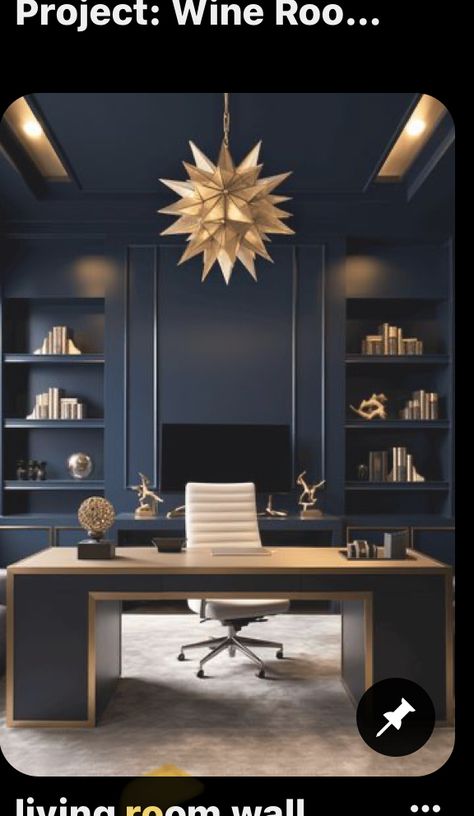 Blue Wall Office Ideas, Blue And Gold Home Office, Dark Blue Office Walls, Office Blue Walls, Navy Office Ideas, Dark Blue Study, Office Back Wall Design, Navy Blue Office Ideas, Navy Office Decor