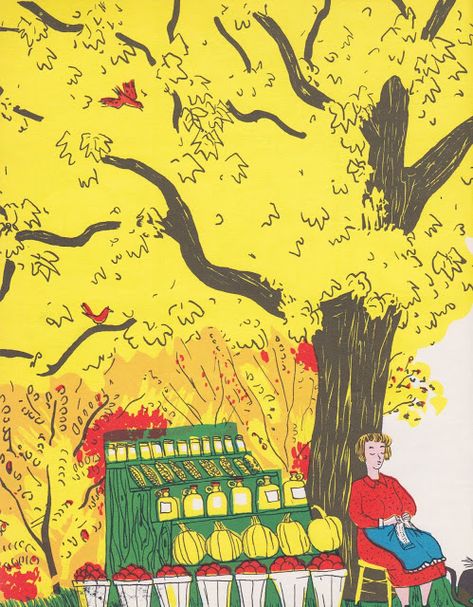 "Autumn Harvest" by Alvin Tresselt, illustrated by Roger Duvoisin (1951) Harvest Illustration, Readers Advisory, Roger Duvoisin, Jean Giraud, Golden Harvest, Mid Century Illustration, Book Of Kells, Picture Books Illustration, Sukkot