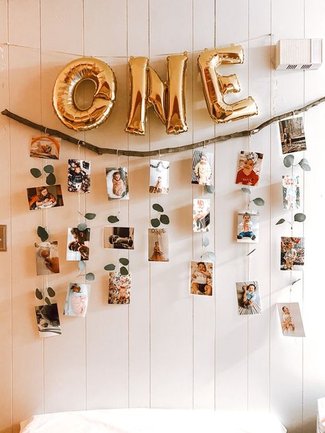 One Year Old Birthday Party Picture Display, Photo Birthday Decorations, Picture Wall First Birthday, Birthday Photo Set Up, 2nd Birthday Photo Display, 1st Birthday Collage Ideas, Photo Display For First Birthday, Picture Collage For Birthday Party, First Birthday Wall Decor