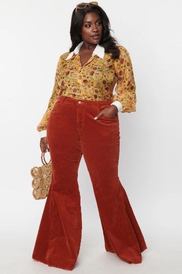 Plus Size Corduroy Pants - bell bottoms vintage inspired Plus Size Bell Bottoms Outfit, 70s Plus Size Fashion, Plus Size Corduroy Pants, Plus Size 70s Fashion, Bodysuit Outfit Plus Size, Plus Size Bell Bottoms, 70s Aesthetic Fashion, Plus Size Corduroy, 70s Inspired Outfits