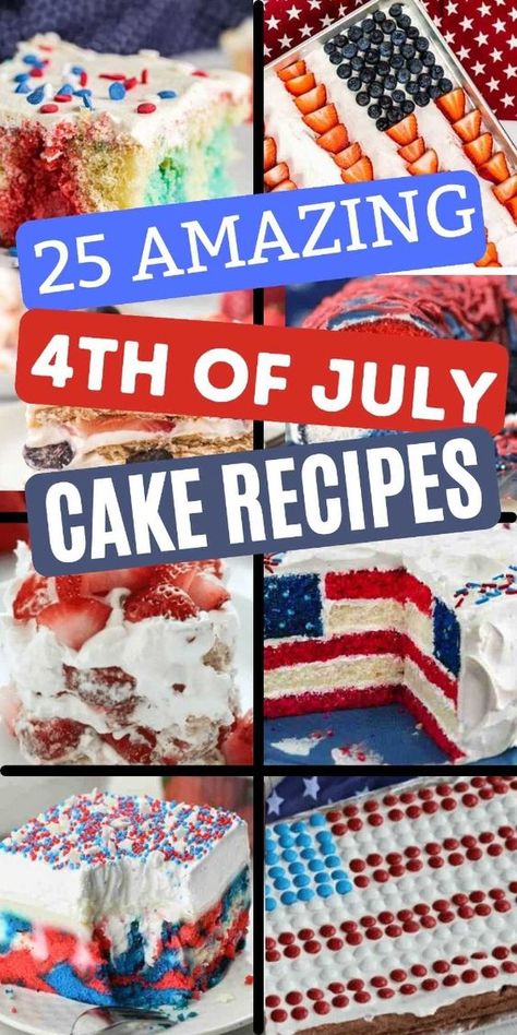 It's time to start planning the perfect patriotic celebration! These festive 4th of July Cakes will be a hit. 25 cakes for the 4th of July. From classic American flag cakes to red, white, and blue sheet cakes, there are so many amazing Fourth of July cake recipes to choose from. Simple ingredients cakes for all your holiday plans.  #dessertsonadime #4thofJulycakes #July4thcakerecipes #4thofJulydesserts 4th Of July Cakes, Flag Cake Recipe, American Flag Cookies, Fourth Of July Cake, American Flag Cake, 4th July Food, Strawberry Icebox Cake, Patriotic Cake, Easy Ice Cream Cake