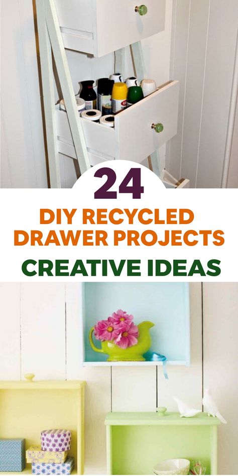 Transform your old drawers into stunning upcycled pieces with these creative DIY projects! Repurpose a drawer into a chic wall shelf by adding brackets and a fresh coat of paint. This unique shelf can store books, plants, or decorations effortlessly. Or create a cozy pet bed by fitting it with a comfy cushion and painting it to match your decor. Want something elegant? Turn it into an vintage-inspired serving tray by adding handles and decorating it with stencils or decoupage. Drawer Shelves Diy, Drawers Repurposed Diy, Drawer Projects, Upcycle Drawers, Diy Ladder Shelf, Recycled Garden Planters, Drawers Repurposed, Old Dresser Drawers, Under Bed Storage Boxes