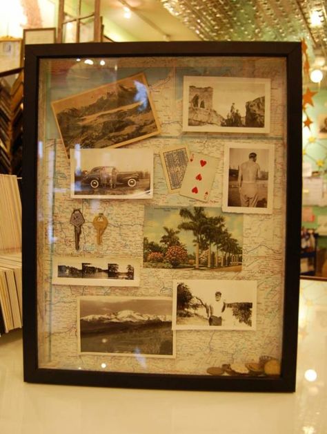 23 Ways to Scrapbook Your Travels Around Your House Travel Photos Display, Travel Memorabilia, Travel Keepsakes, Travel Wall, Travel Decor, Travel Memories, Shadow Boxes, Memory Box, Vintage Map