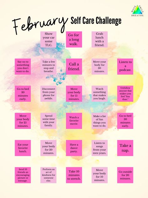 February Challenge: It's all about that LOVE - Move Smile Breathe Self Care February, February Affirmations, February Vibes, 2024 Bujo, Importance Of Self Care, February Challenge, Self Care Challenge, February Ideas, Happy February