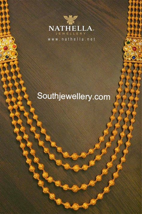 Four Stringed Gundla Haram Gundla Mala, Latest Jewellery Designs, Gold Jewels Design, Mala Jewelry, Gold Necklace Indian, Gold Jewelry Simple Necklace, Gold Mangalsutra Designs, Gold Necklace Indian Bridal Jewelry, Gold Pendant Jewelry